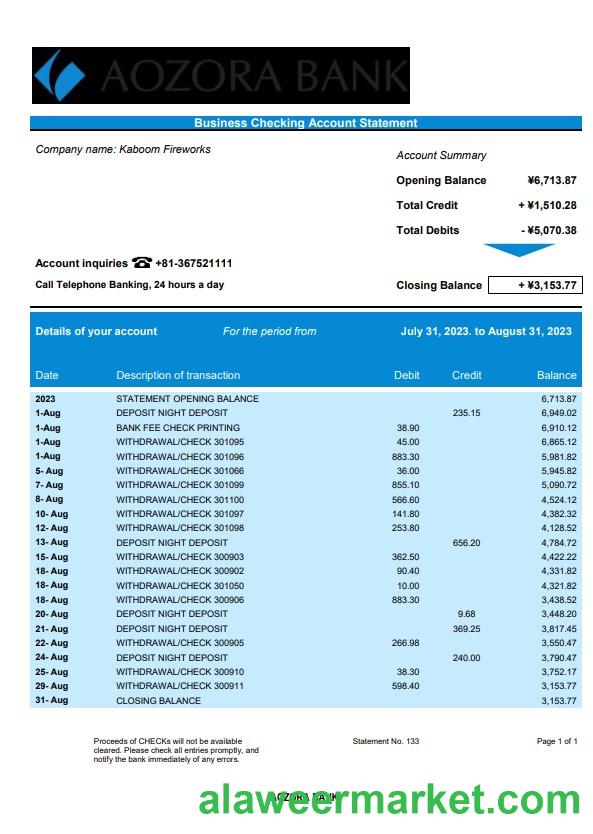 Aozora Bank organization checking account statement Word and PDF template